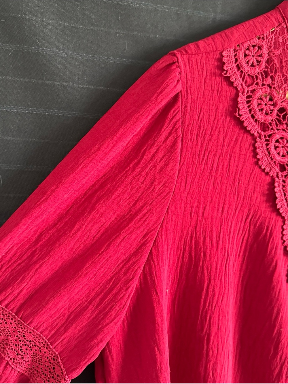 Grace Karin Womens Plus Red Long Puff Sleeve Lace Detail Blouse Shirt Top 2XL - Picture 6 of 13